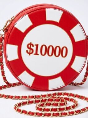 Red and White Poker Chip Round Crossbody Bag with Gold Chain. Great for Vegas!